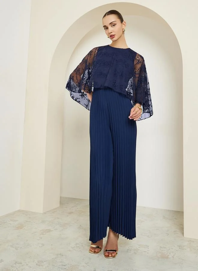 Styli  Navy Cape Sleeve Wide Leg Pleated Jumpsuit for Women | Best Price UAE
