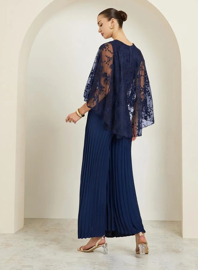 Styli  Navy Cape Sleeve Wide Leg Pleated Jumpsuit for Women | Best Price UAE