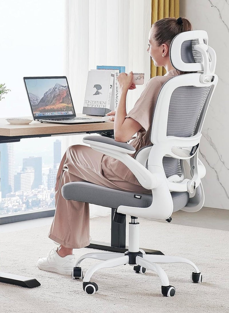 دراجو كرسي مكتب مريح فاخر للعمل من المنزل، كرسي كمبيوتر عالي الظهر بمقعد قابل للتعديل، ودعم أسفل الظهر ومسند رأس، ومسند ذراعين قابلين للطي وإمكانية الاستلقاء | كرسي شبكي للمكتب/المنزل، رمادي - Image 1