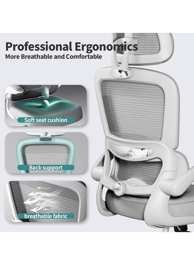 دراجو كرسي مكتب مريح فاخر للعمل من المنزل، كرسي كمبيوتر عالي الظهر بمقعد قابل للتعديل، ودعم أسفل الظهر ومسند رأس، ومسند ذراعين قابلين للطي وإمكانية الاستلقاء | كرسي شبكي للمكتب/المنزل، رمادي - Image 2