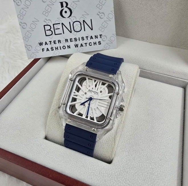 BENON men's watch, Santos model, with a transparent frame and modern design.