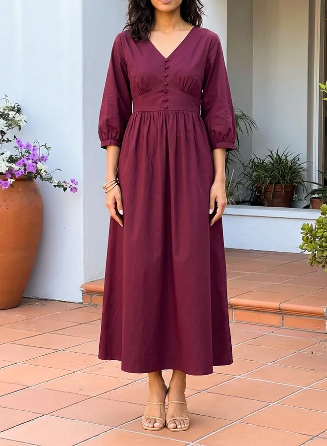 Wine Cotton Corset Detailing Maxi Dress