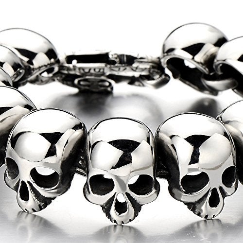 COOLSTEELANDBEYOND Mens Stainless Steel Large Skull Link Bracelet Biker Gothic Style Silver Color High Polished - Image 2