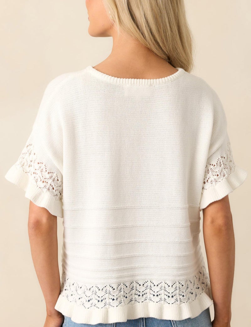 Yeokou Womens Short Sleeve Sweater Round Neck Ruffled Hem Knit Crochet Pullover Summer Fall Casual Top Blouse(White-L) - Image 4