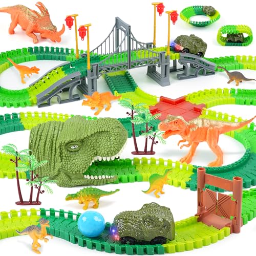BEMITON Dinosaur Toys Race Car Track Create a Dinosaur World Road Race Flexible Dinosaur Track Toys Set Christmas Birthday Gifts for 3 4 5 6 7 Years Old Boys Girls Kids - Image 1