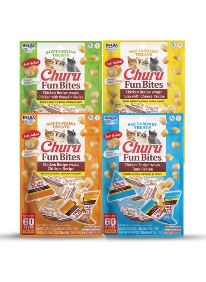 إينابا مكافآت القطط من INABA Churu Fun Bites، مكافآت القطط الناعمة والمضغوطة والمحشوة بالدجاج المخبوز مع التورين، 0.42 أونصة لكل منها، 12 سمكة تترا، عبوة متنوعة بأربع نكهات  - Image 1