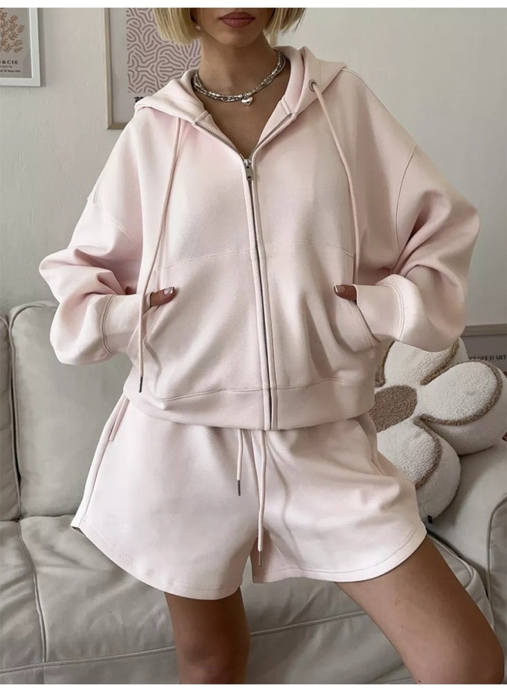 NIBEMINENT Spring Fall Fashion Sport Sets Women's Simple Cardigan Hooded Top & Shorts Set Two-piece Casual Tracksuit Streetwear 2pcs - Image 1