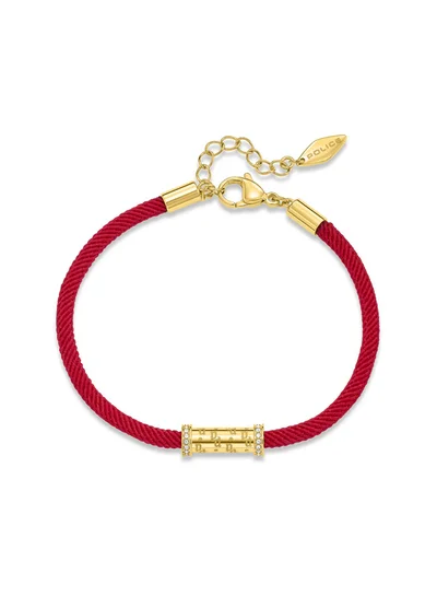 POLICE Gold-Plated Monogram Cylindrical Charm with Crystals Red Cord Bracelet For Women