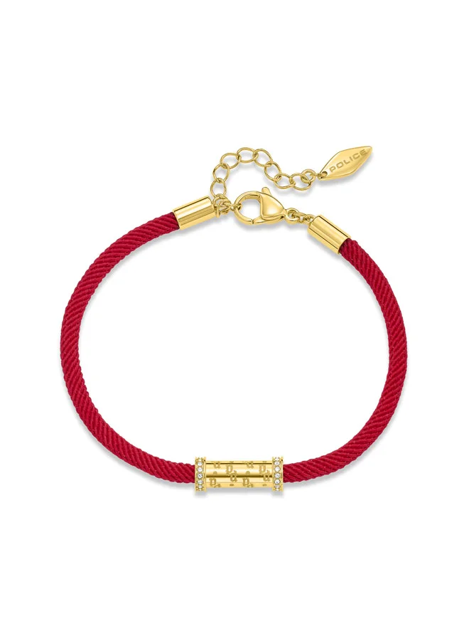 بوليس POLICE Braid Bracelet - Gold-Plated Monogram Cylindrical Charm with Crystals, Vibrant Red Cord, Contemporary & Stylish