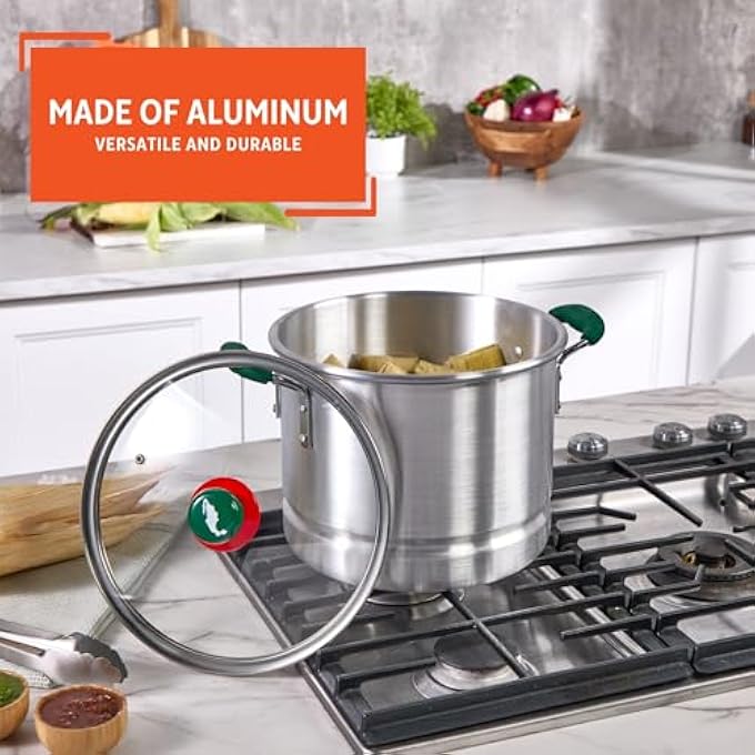 وعاء بخار تامال من الألومنيوم IMUSA سعة 12 لترًا مع مقبض خريطة مكسيكية، وعاء كبير مع ملحق بخار، مقابض خضراء، غطاء زجاجي للتامال، المأكولات البحرية، الخضراوات، الوصفات الإسبانية - Image 4