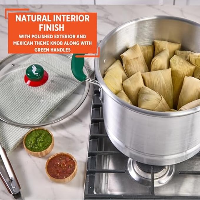 وعاء بخار تامال من الألومنيوم IMUSA سعة 12 لترًا مع مقبض خريطة مكسيكية، وعاء كبير مع ملحق بخار، مقابض خضراء، غطاء زجاجي للتامال، المأكولات البحرية، الخضراوات، الوصفات الإسبانية - Image 5