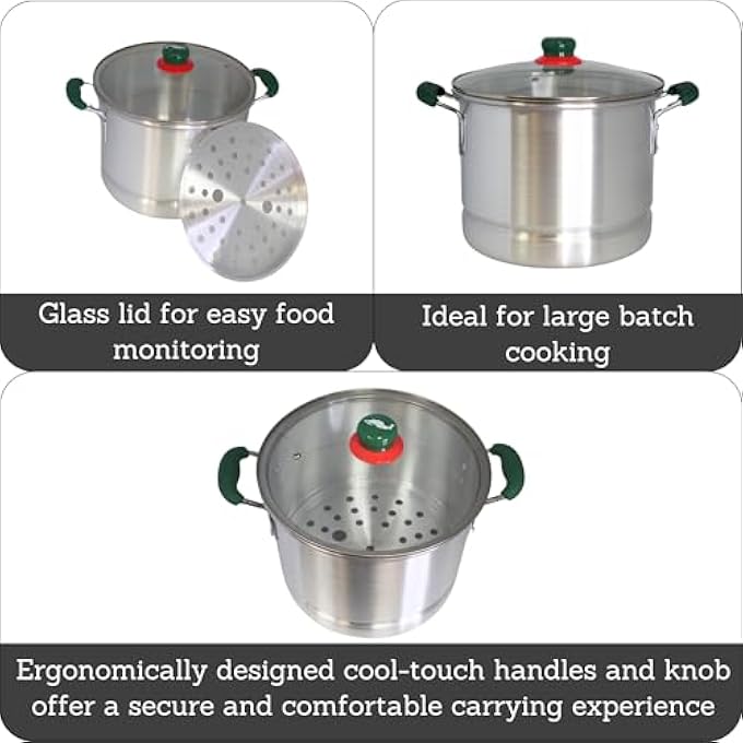 وعاء بخار تامال من الألومنيوم IMUSA سعة 12 لترًا مع مقبض خريطة مكسيكية، وعاء كبير مع ملحق بخار، مقابض خضراء، غطاء زجاجي للتامال، المأكولات البحرية، الخضراوات، الوصفات الإسبانية - Image 3