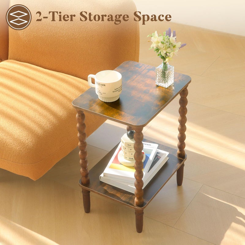 Fultyle Side Table, Small End Table with Storage Shelf, 2-Tier Small Coffee Tables Living Room for Bedroom, Narrow Spaces (Rustic Brown) - Image 4