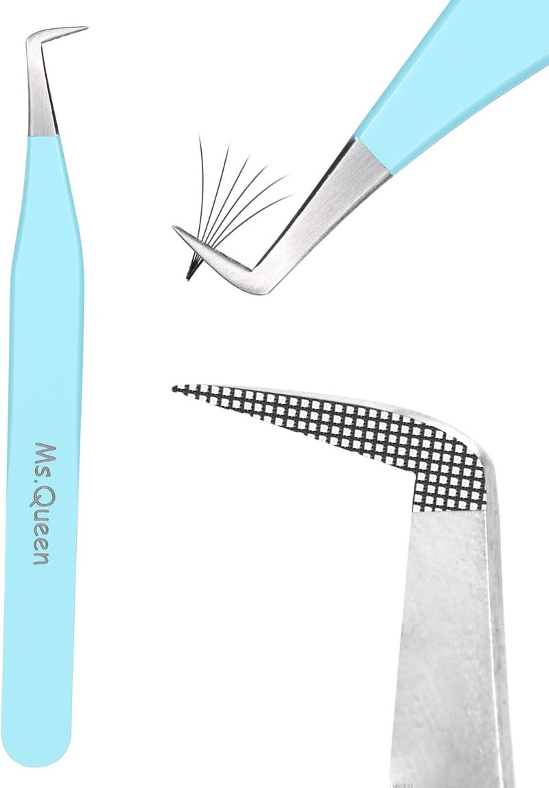MsQueen Volume Tweezers For Eyelash Extensions Fiber Tip Grip Lash Tweezers LShape Boot Mega Volume Mink Lashes Tweezers Blue