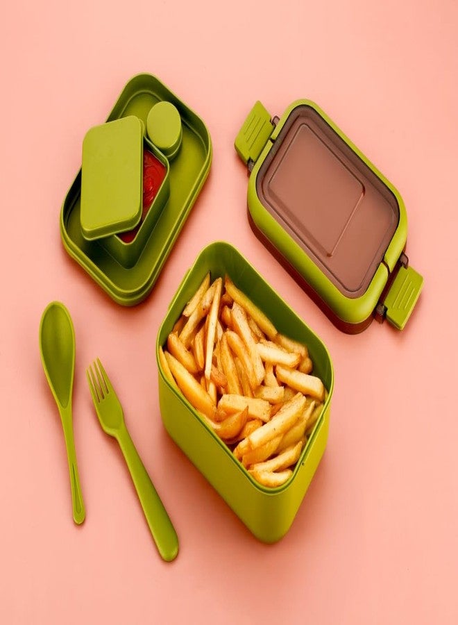 Clazkit Snack Pack Lunch Box for Kids, Adults |Tiffin Box with 2 Small Conatiner, Spoon and Fork | Leakproof 100% Food Grade | Green|700ml - Image 3