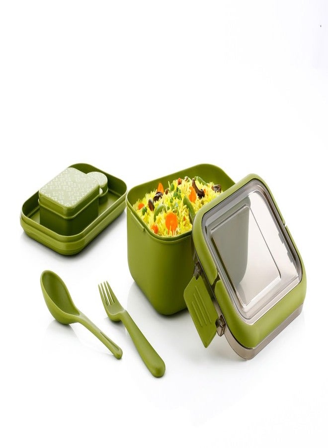 Clazkit Snack Pack Lunch Box for Kids, Adults |Tiffin Box with 2 Small Conatiner, Spoon and Fork | Leakproof 100% Food Grade | Green|700ml - Image 1