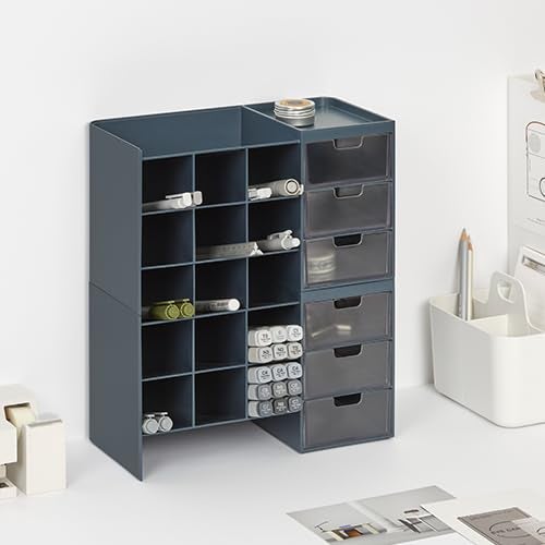 Litem Hive Stack Honeycomb Desk Pen Pencil Stand Organiser with Drawers | Prussian Blue | 2 Stack - Image 3
