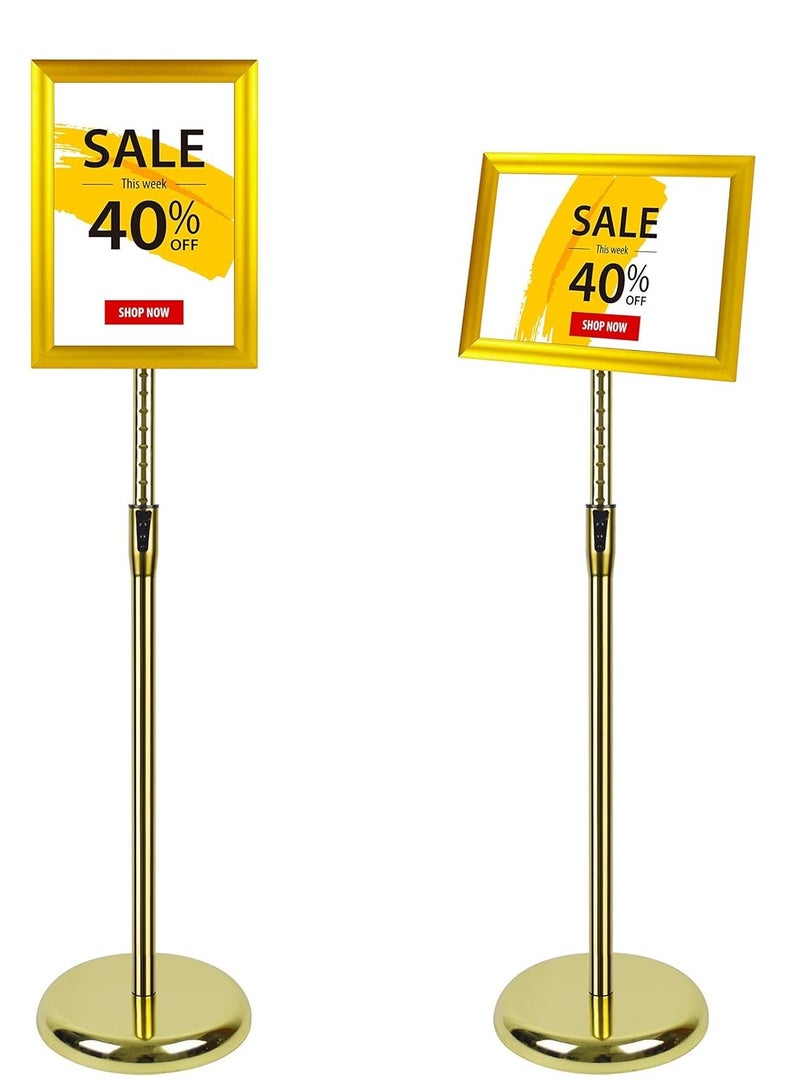 Adjustable A3 Aluminum Snap Frame Sign Stand with Safety Corners  Stable Round Base for Floor Display (Gold) - Image 1