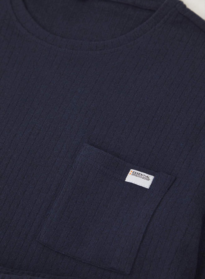 trendyol Navy Blue Regular Fit Pocket Detail Label Detail Soft Button Thick Knitted Pajama Set - Image 3