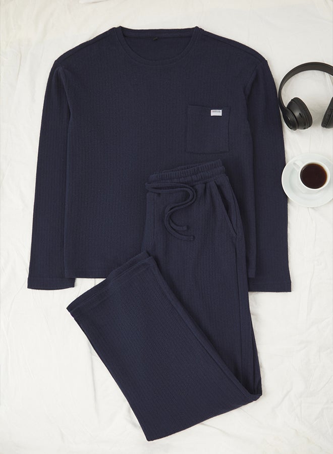 trendyol Navy Blue Regular Fit Pocket Detail Label Detail Soft Button Thick Knitted Pajama Set - Image 1
