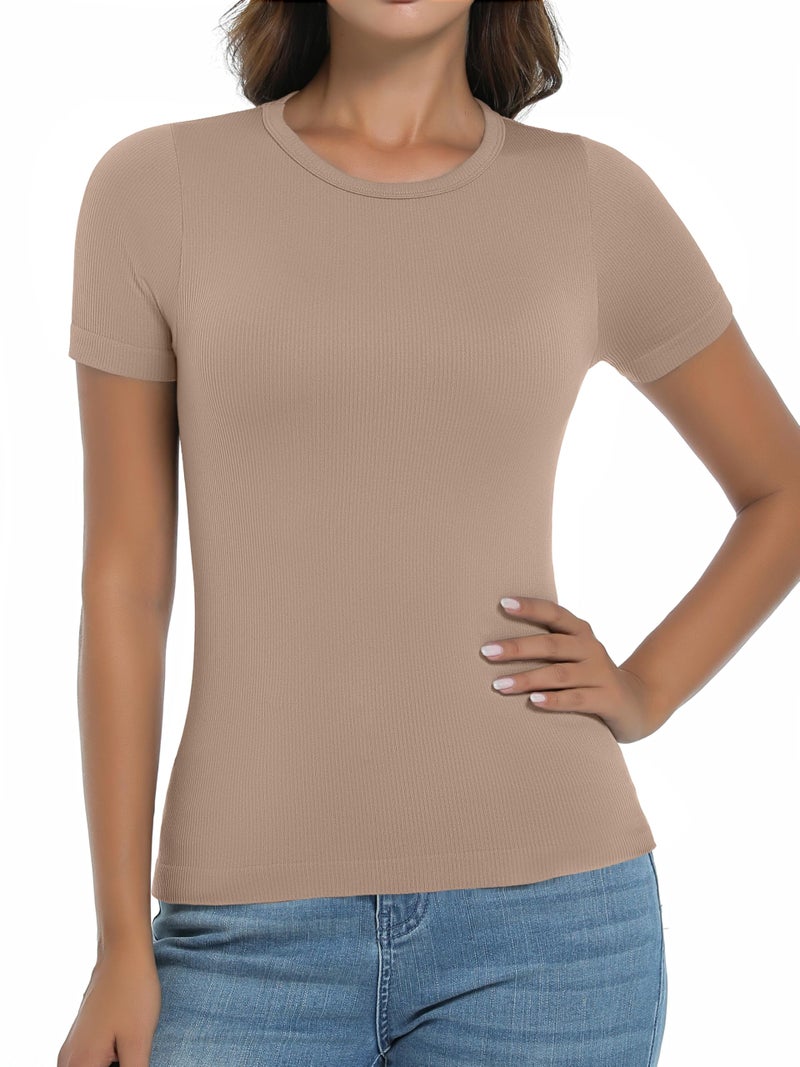 OVESPORT 3 Pack Ribbed Womens Basic T Shirts Summer Tops Gym Workout Short Sleeve Slim Fit Crop Tops - Image 2