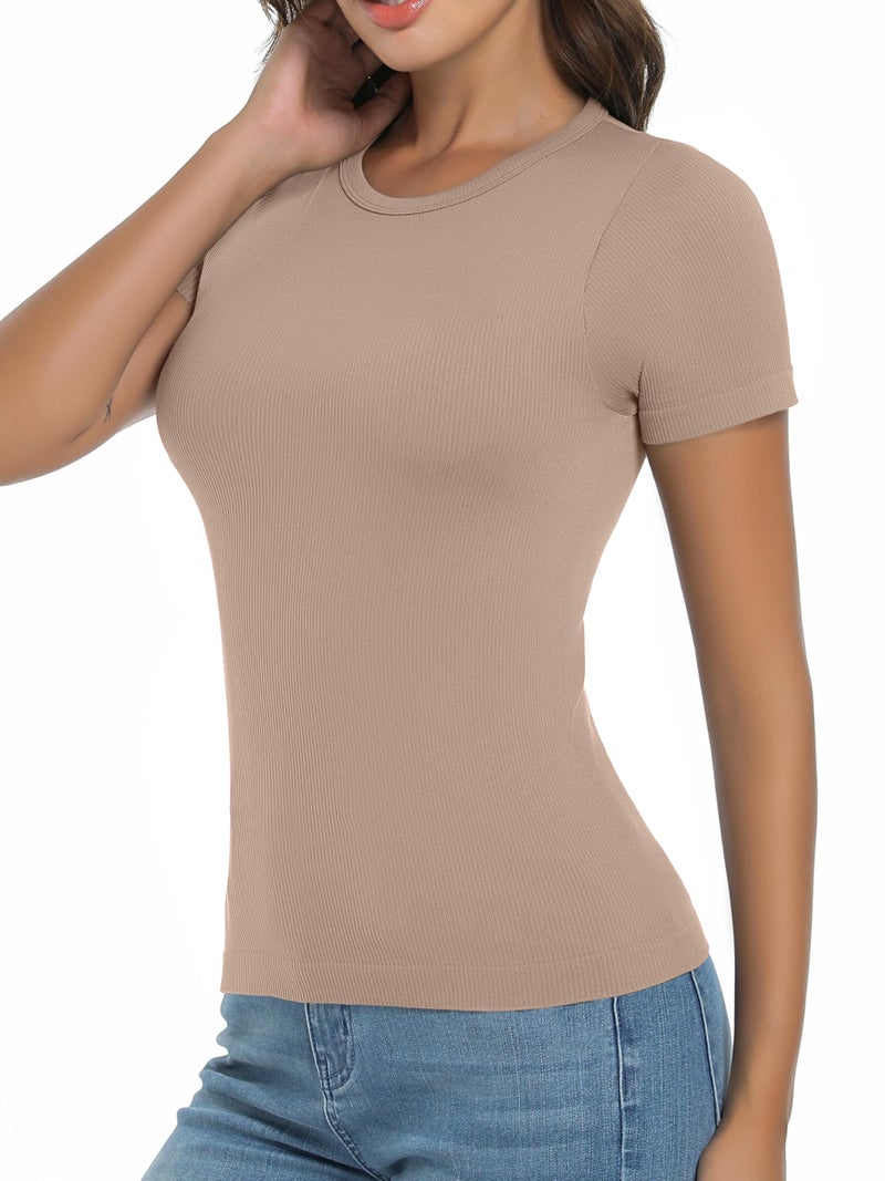 OVESPORT 3 Pack Ribbed Womens Basic T Shirts Summer Tops Gym Workout Short Sleeve Slim Fit Crop Tops - Image 3