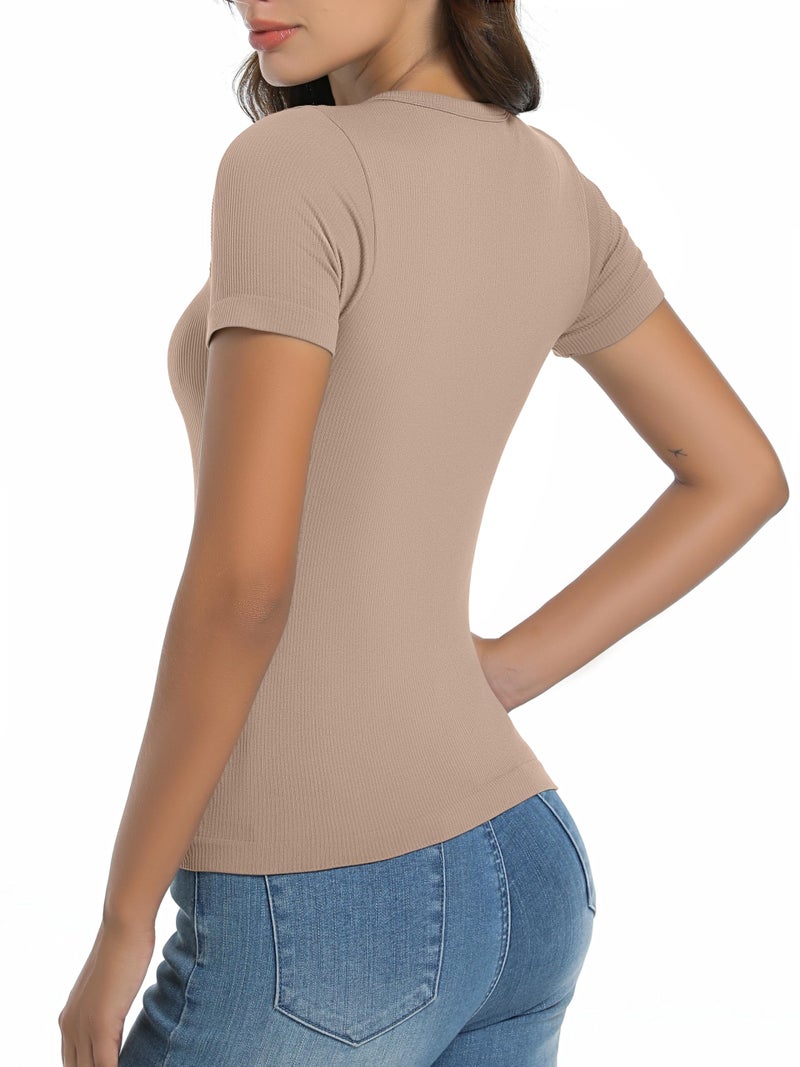 OVESPORT 3 Pack Ribbed Womens Basic T Shirts Summer Tops Gym Workout Short Sleeve Slim Fit Crop Tops - Image 5
