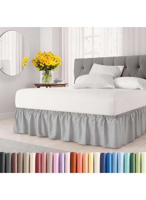 Wrap Around Dust Ruffle Bed Skirt - Light Grey - Made for Full Size Beds with 18 in. Drop - Easy Fit Elastic Strap - Pleated Bedskirt with Brushed Fabric - Wrinkle Free  Machine Wash - by CGK Linens