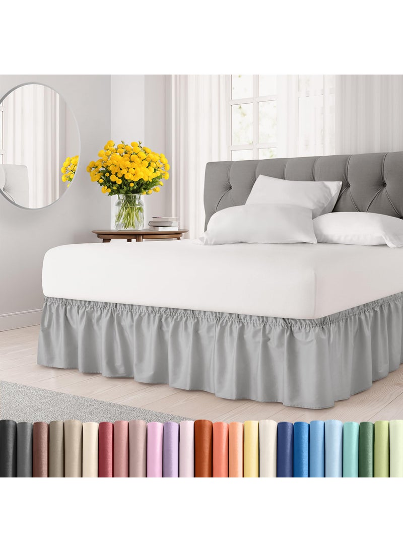Wrap Around Dust Ruffle Bed Skirt - Light Grey - Made for Full Size Beds with 18 in. Drop - Easy Fit Elastic Strap - Pleated Bedskirt with Brushed Fabric - Wrinkle Free  Machine Wash - by CGK Linens