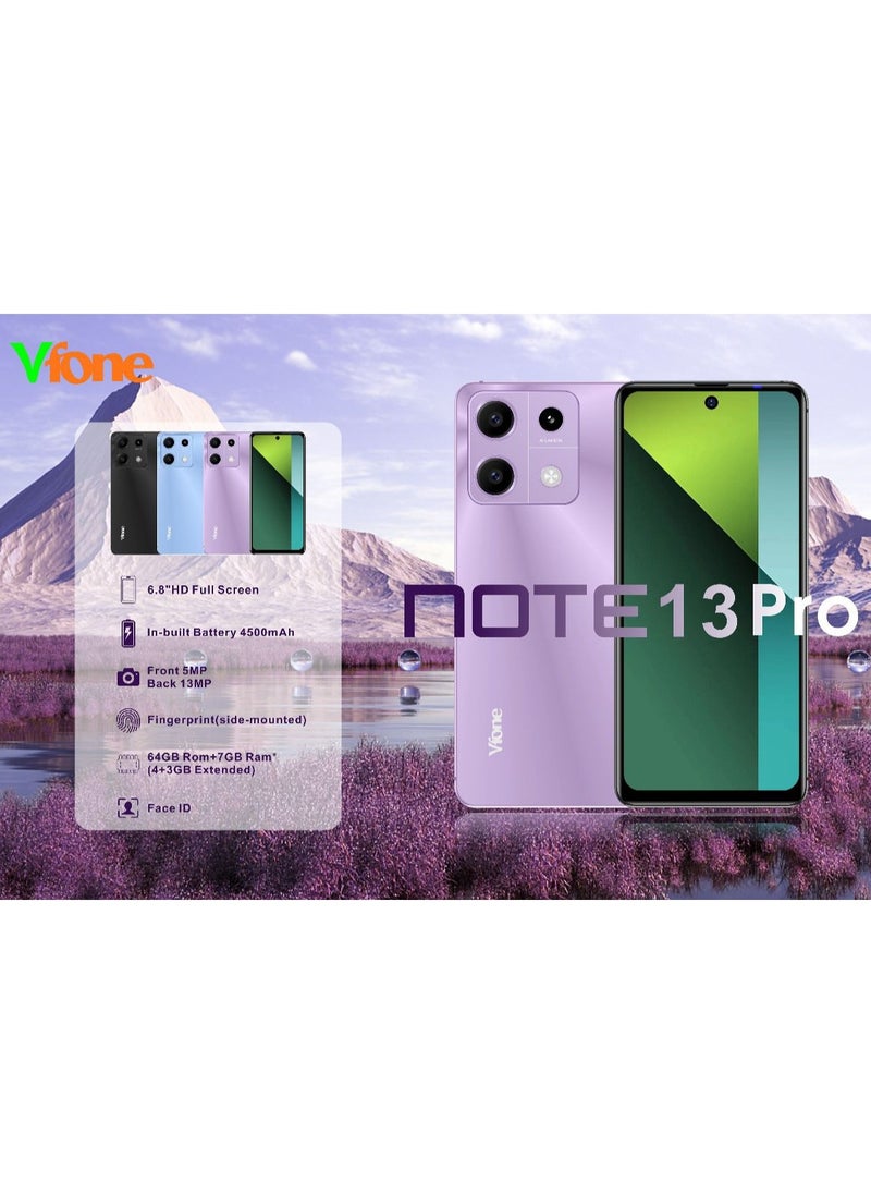 في فون - هاتف ذكي Note 13 Pro بذاكرة وصول عشوائي 4+3 جيجابايت وذاكرة قراءة فقط 64 جيجابايت وشاشة كاملة عالية الدقة 6.8 بوصة، أرجواني - Image 1