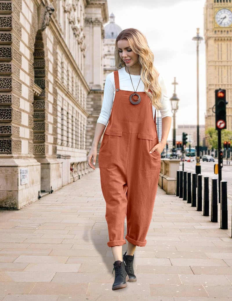YESNO Women Long Casual Loose Bib Pants Overalls Baggy Rompers Jumpsuits with Pockets (L PV9 Rust) - Image 3