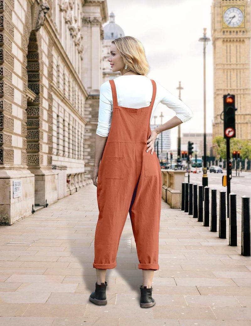 YESNO Women Long Casual Loose Bib Pants Overalls Baggy Rompers Jumpsuits with Pockets (L PV9 Rust) - Image 4
