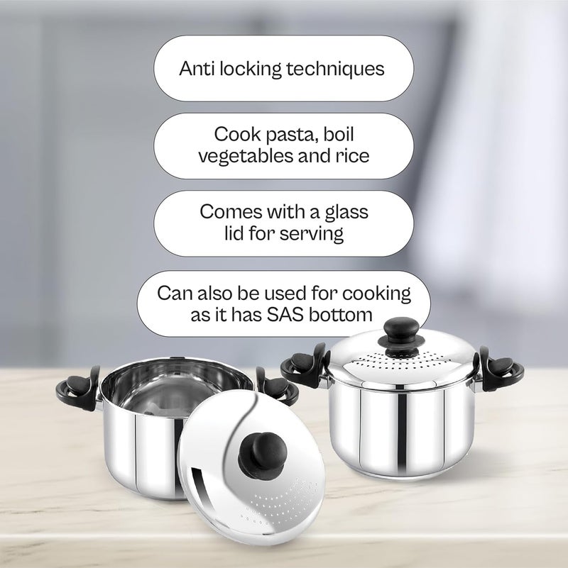 Praylady Stainless Steel Strainer Pot 7L with Glass Lid Induction Base Cooking Pot for Pasta Noodles Vegetables Rice AntiLocking 2 Year Warranty Rice Strainer Cooker Quality Cookware - Image 5