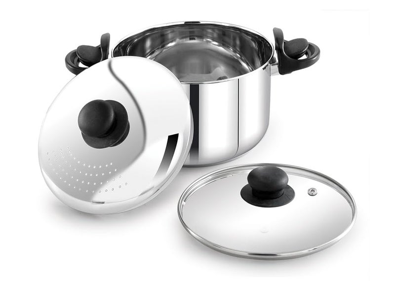 Praylady Stainless Steel Strainer Pot 7L with Glass Lid Induction Base Cooking Pot for Pasta Noodles Vegetables Rice AntiLocking 2 Year Warranty Rice Strainer Cooker Quality Cookware - Image 1