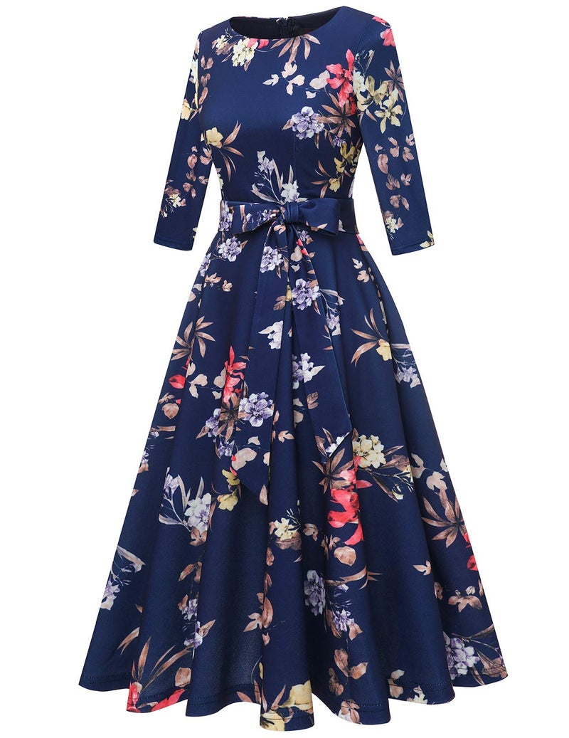 DRESSTELLS Women's Cocktail Dresses for Wedding Guest, Floral Tea Party Prom Dress 3/4 Long Sleeve Mother of Bride 1950s Fit Flare Swing Aline Evening Gala, 2026 Spring, Navy Flower M - Image 2