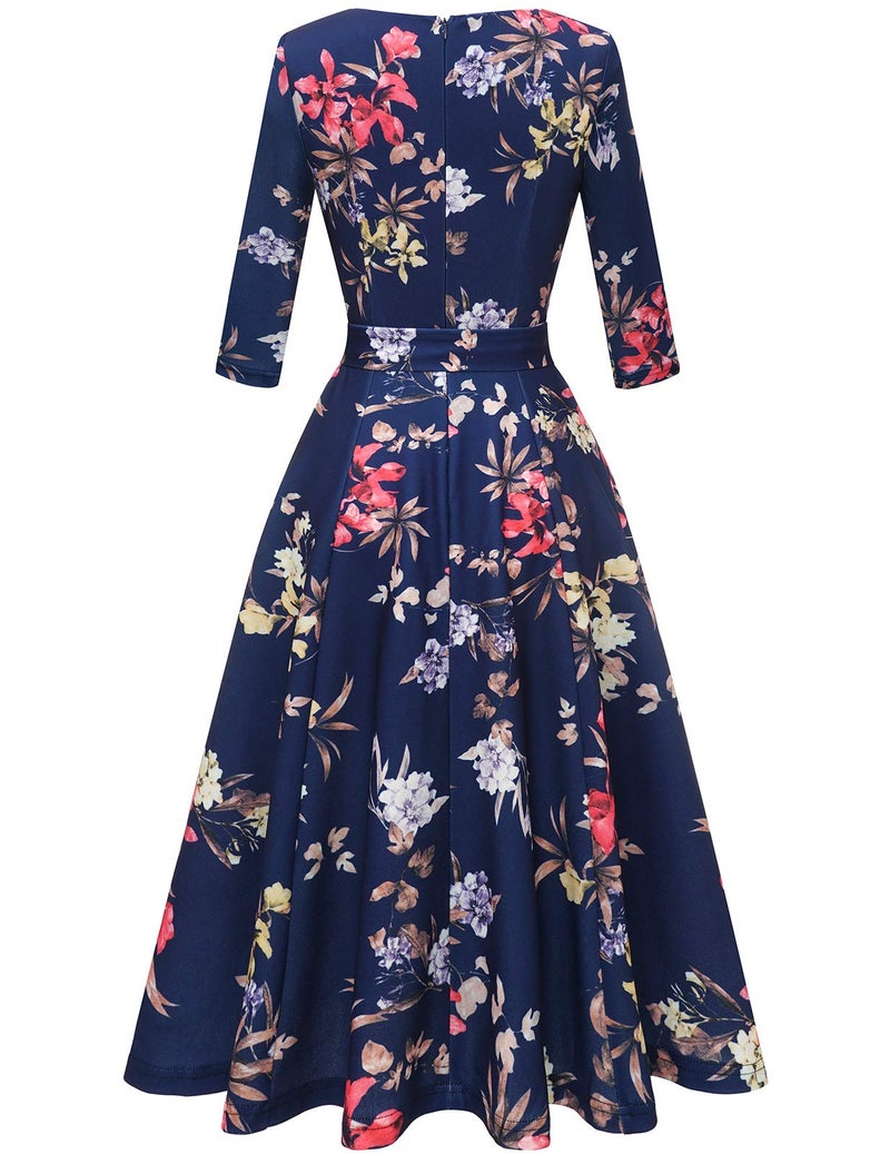 DRESSTELLS Women's Cocktail Dresses for Wedding Guest, Floral Tea Party Prom Dress 3/4 Long Sleeve Mother of Bride 1950s Fit Flare Swing Aline Evening Gala, 2026 Spring, Navy Flower M - Image 3