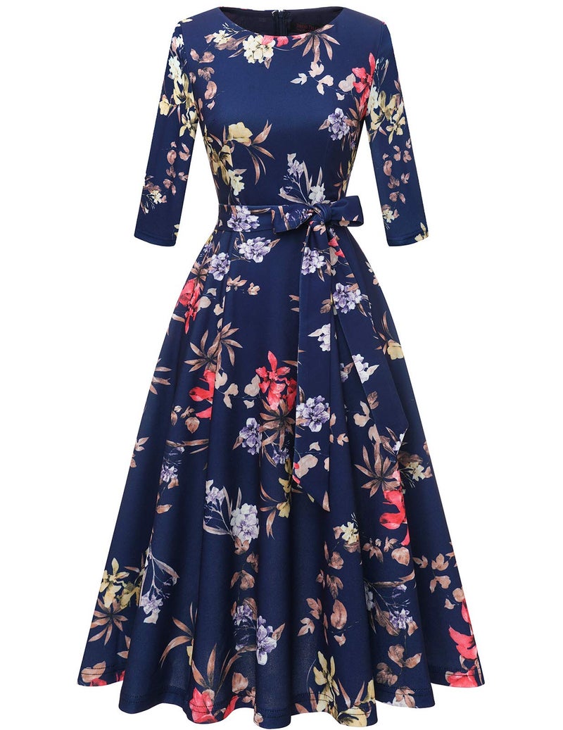 DRESSTELLS Women's Cocktail Dresses for Wedding Guest, Floral Tea Party Prom Dress 3/4 Long Sleeve Mother of Bride 1950s Fit Flare Swing Aline Evening Gala, 2026 Spring, Navy Flower M - Image 1