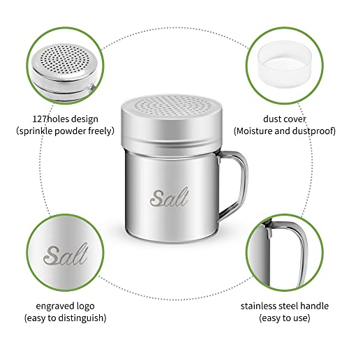 ZERUIDM Stainless Steel Salt and Pepper Shakers Set, 10 OZ Seasoning Spice Shaker with Lid and Handle 127 Holes, Metal Dredge Shaker for Powder Sugar Cooking Kitchen Baking (2 Pieces) - Image 2