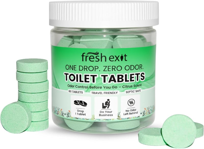 FreshExit أقراص المرحاض – بديل عن بخاخات المرحاض – فقط أسقط واحدة واتركها – تترك وعاءً نظيفًا ورائحة حمضيات منعشة – بديل أفضل لرذاذ البراز – 60 قرصًا - Image 1