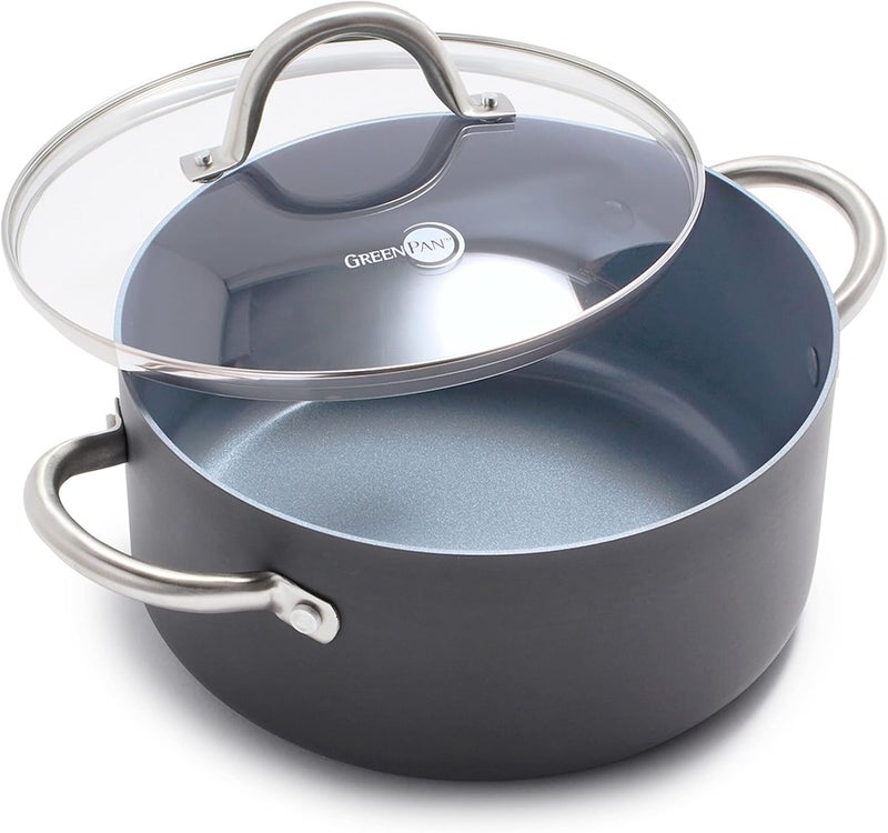 Greenpan Lima 5.2QT Nonstick Stock Pot with Glass Lid, Nontoxic PFAS-Free Ceramic Casserole, Hard Anodized Cookware, Oven & Broiler Safe, Stainless Steel Handles, Gray - Image 1
