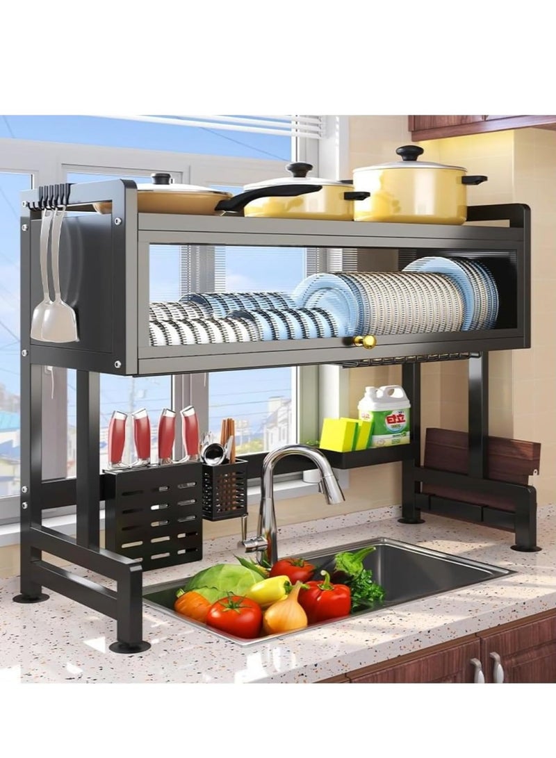 Scrolls Premium Quality Heavy Duty Over The Sink Dish Drying Stand 3 Tier Large Dish Rack Over The Counter Dish Drying Rack for Kitchen Sink Shelf with Door Dish Organizer with Dust-Proof Cabinet  - Image 1