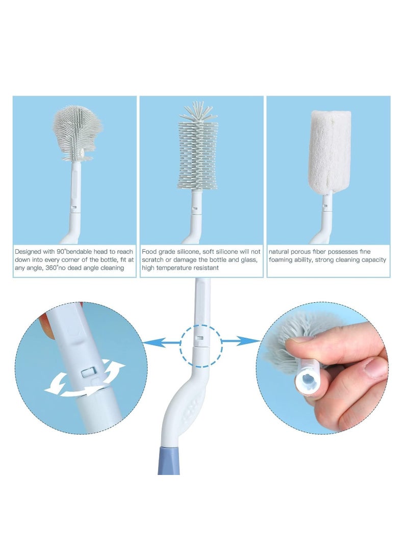 Baby Bottle Brush and Drying Rack Rotating Silicone Bottle Brush with Long Handle Bottle Drying Rack with Bottle Cleaner Brush Nipple Straw Cleaner Blue Rotating Brush Drying Rack - Image 4