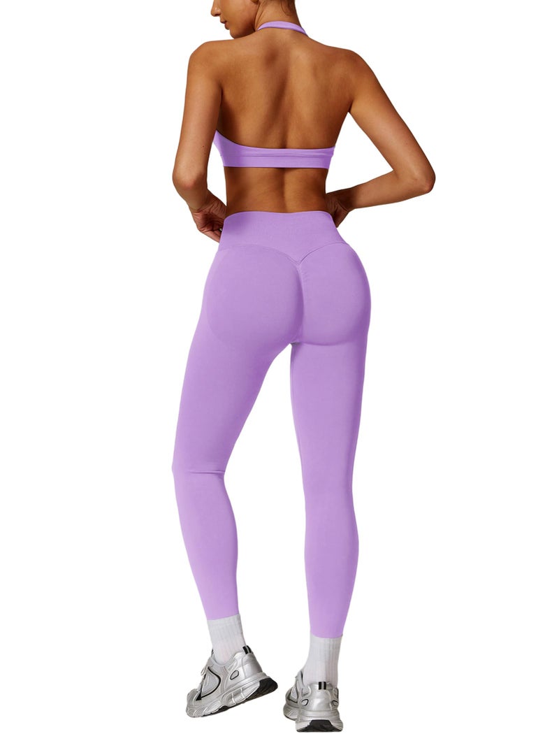 ABOCIW Workout Sets for Women Seamless Scrunch Butt Lifting Impact Leggings High Waist Yoga Pants Halter Sports Bra 2 Piece Gym Sets Purple XSmall