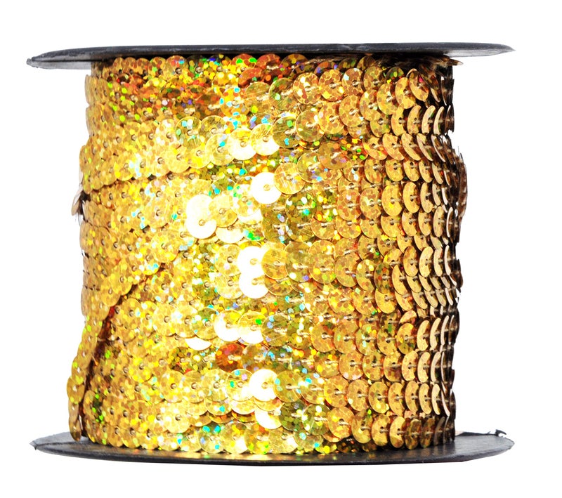 Mandala Crafts 100 Yards 6mm Holographic Gold Sequins Strips on a Roll - Flat Paillettes Trim Ribbon Sequins String Spool by The Yard for Sewing, Crafts, Embellishments, and Decorations - Image 1