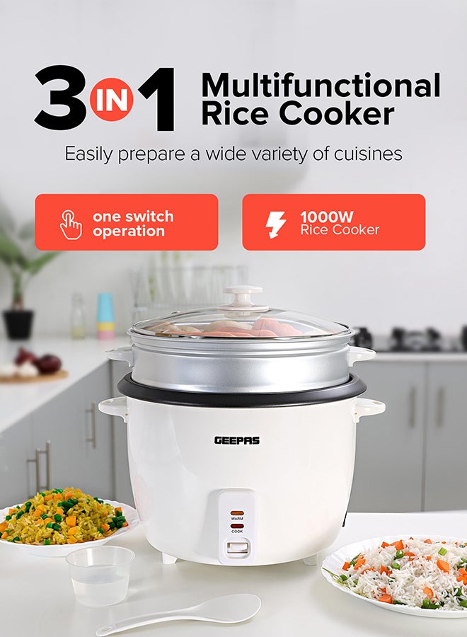 GEEPAS Electric Rice Cooker with Non-Stick Inner Pot and Toughened Glass Lid| Includes Cook, Steam, and Warm Functions| White Powder Coated Housing, Aluminum Outer Steamer 2.8 L 1000 W GRC4327 White/Black - Image 3