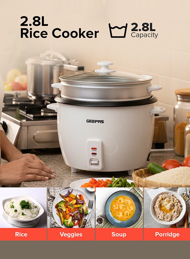 GEEPAS Electric Rice Cooker with Non-Stick Inner Pot and Toughened Glass Lid| Includes Cook, Steam, and Warm Functions| White Powder Coated Housing, Aluminum Outer Steamer 2.8 L 1000 W GRC4327 White/Black - Image 4
