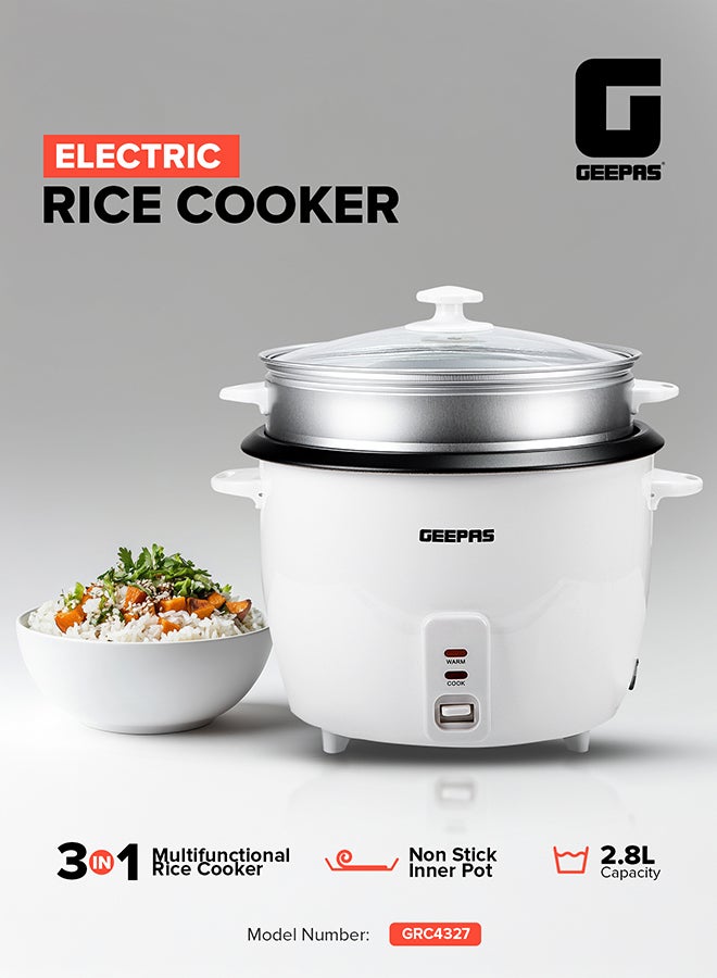 GEEPAS Electric Rice Cooker with Non-Stick Inner Pot and Toughened Glass Lid| Includes Cook, Steam, and Warm Functions| White Powder Coated Housing, Aluminum Outer Steamer 2.8 L 1000 W GRC4327 White/Black - Image 2
