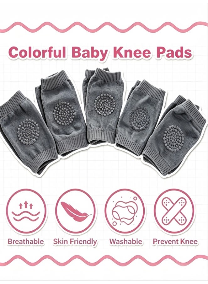 5 Pairs Baby Knee Pads for Crawling, Breathable Summer Baby Crawling Knee Pads, Anti Slip Knee Pads, High Elastic Soft Baby Knee Protectors Leg Warmers for Baby Toddler Girls Boys (Dark Gray) - Image 1