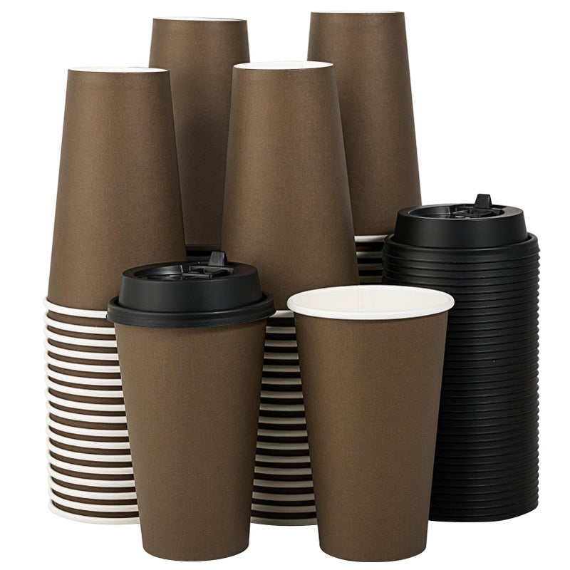 LITOPAK 100 Pack 16 oz Disposable Paper Coffee Cups with Lids for Coffee Water Juice or Tea Brown Hot Paper Cups for Home Restaurant Store and Cafe