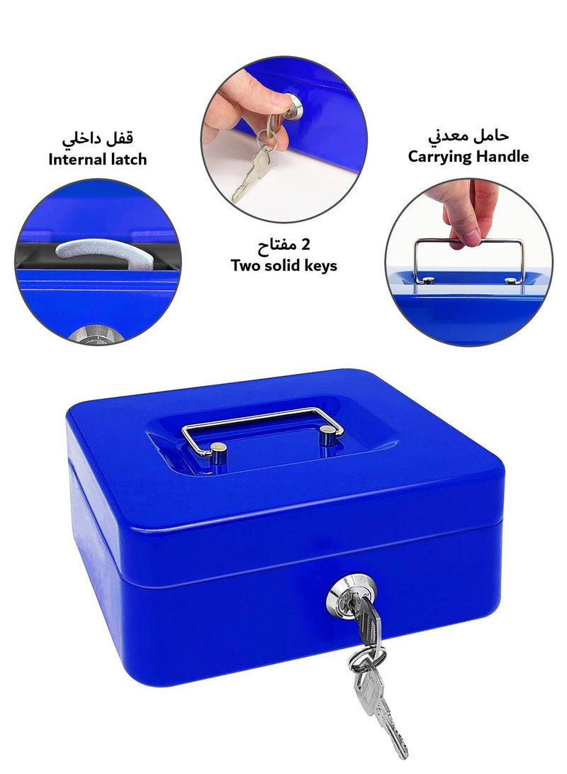 Steel Cash Box with Key Lock Metal Small Money Organizer with Money Tray Cash Storage Box with Lockable Cover - Image 3
